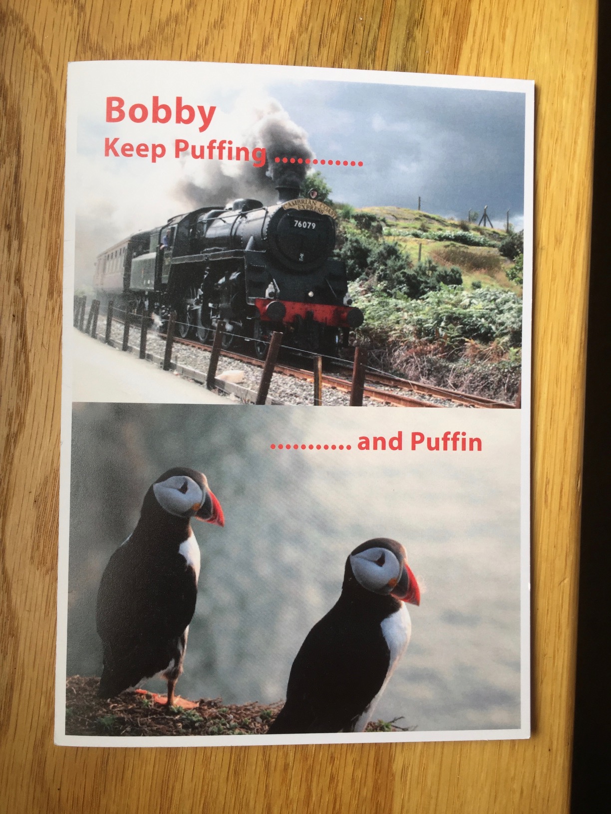 Lighting a Candle for Diddley: Picture of a steam train and a pair of Puffins. Captioned: "Bobby Keep Puffing.... and Puffin".