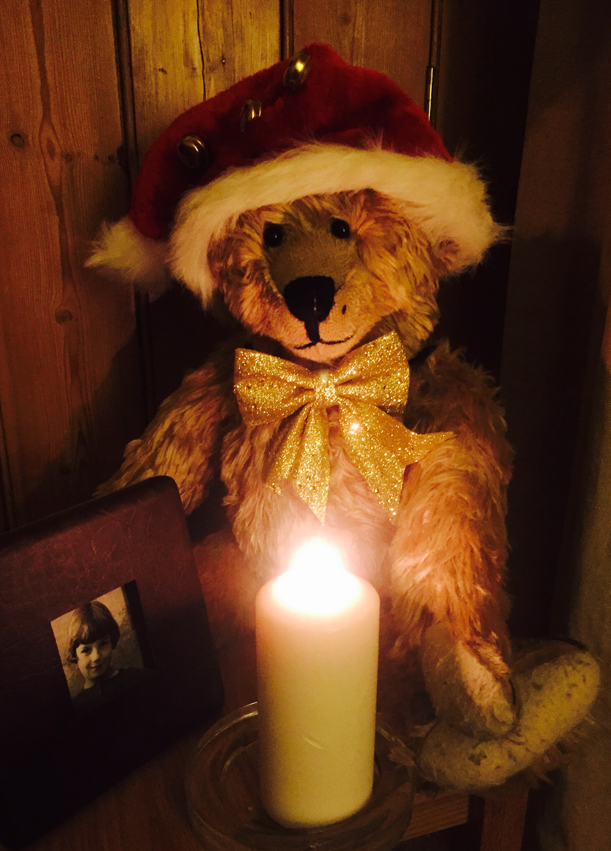 Bertie wearing a Christmas Santa hat sat looking at a lit candle.