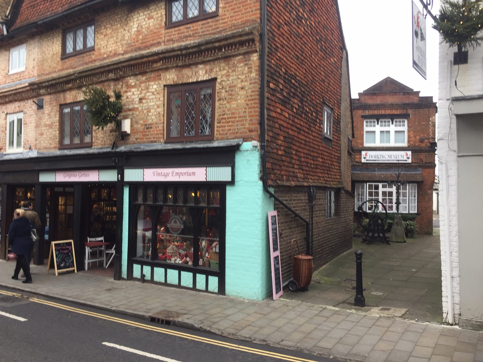 Old Bears - Gorgeous Gerties. Former teddy bear shop left. Dorking Museum right, down the alley