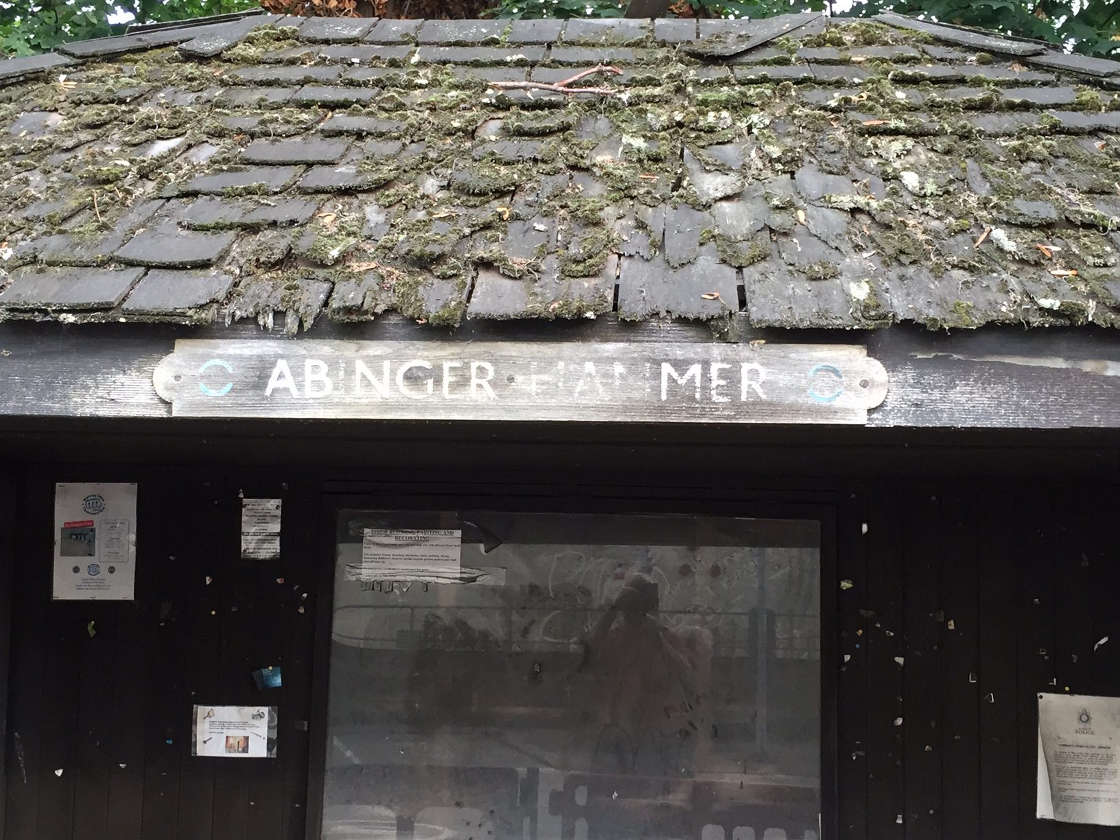 London Transport Museum: Decrepit bus shelter from Abinger Hammer, Surrey. New one there thankfully. Still boring.