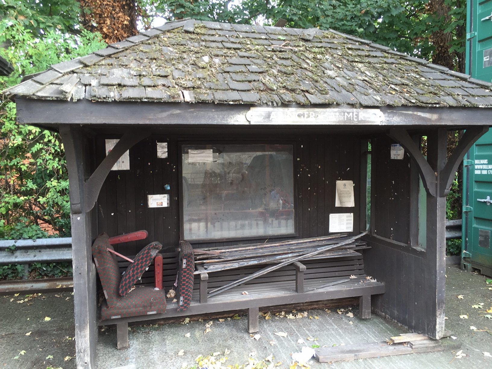 London Transport Museum: Decrepit bus shelter from Abinger Hammer, Surrey. New one there thankfully. Still boring.