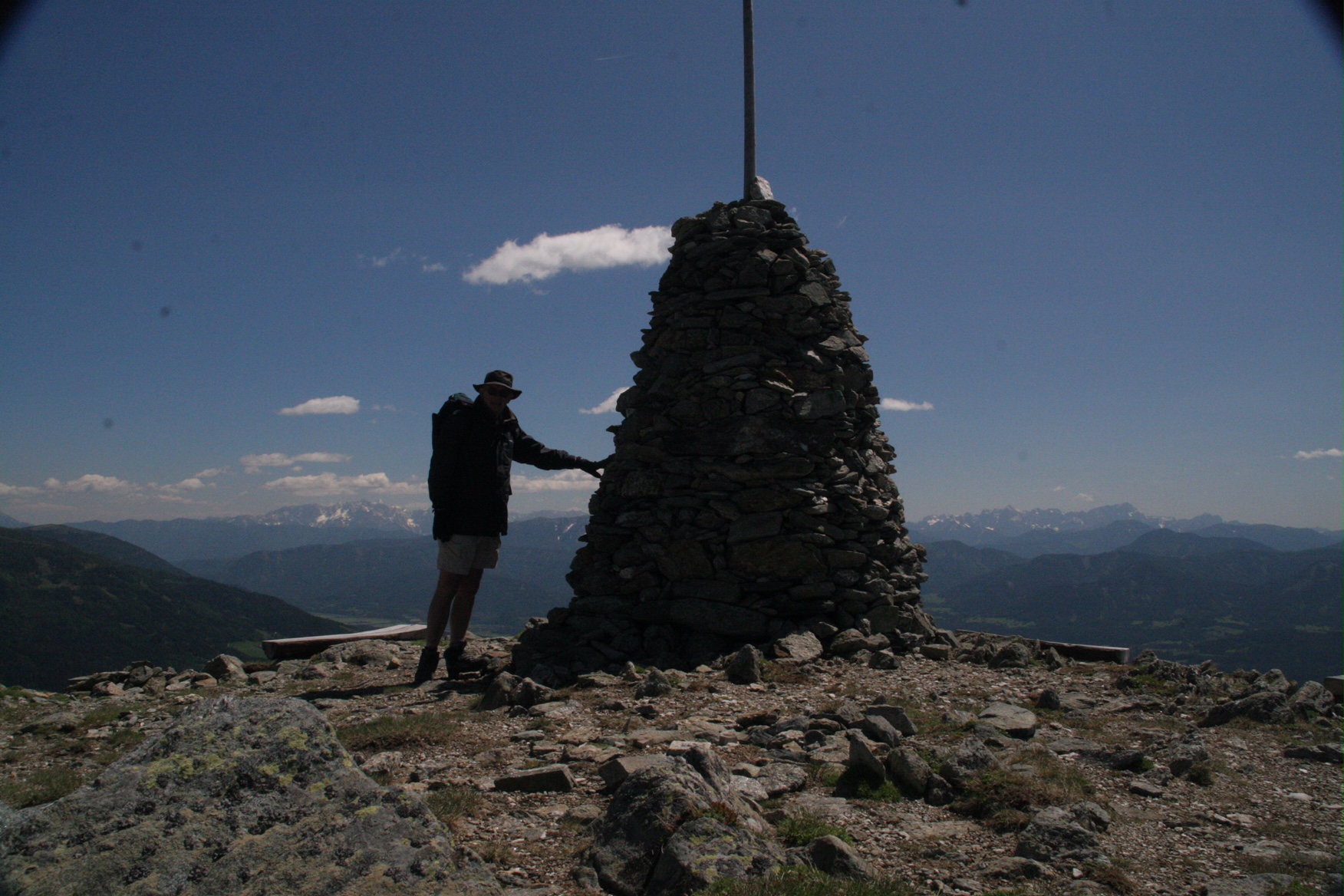 Austria: The summit, about 3,000 feet. Looking towards the mountains of Slovenia. Not mountaineering, but waymarked trails. Safe, but long uphill trudge. Too old now!