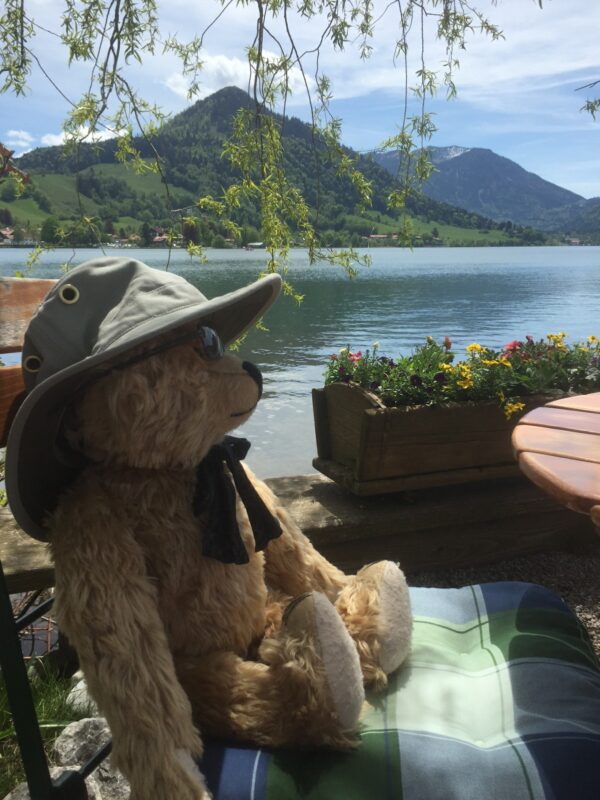 Bertie reclining in Schliersee Bavaria, looking across a lake wearing his Tilley 'at.