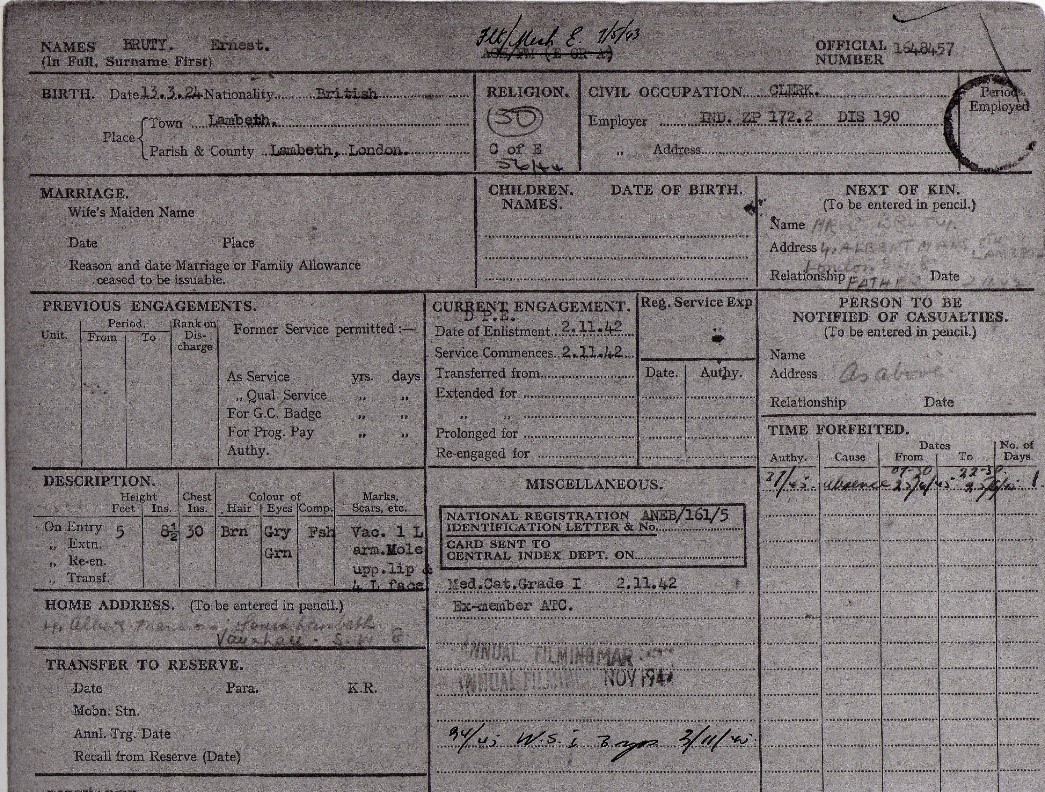 Ernie's War: RAF Form 543 – Personal Administrators Airman's Record. Note circled ‘50’, his release group no.