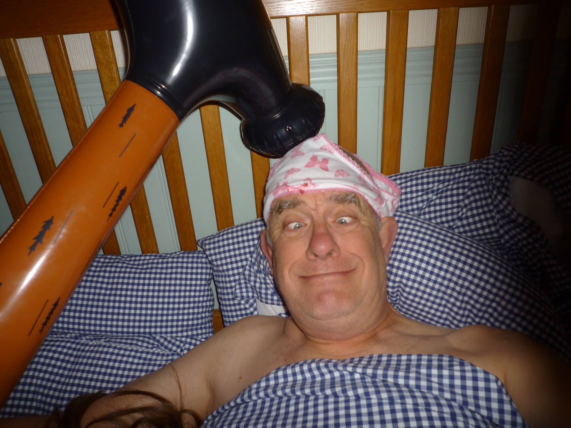 GAD Revisited. Generalised Anxiety Disorder: Bobby in bed, with bandaged head and an inflatable hammer over it!