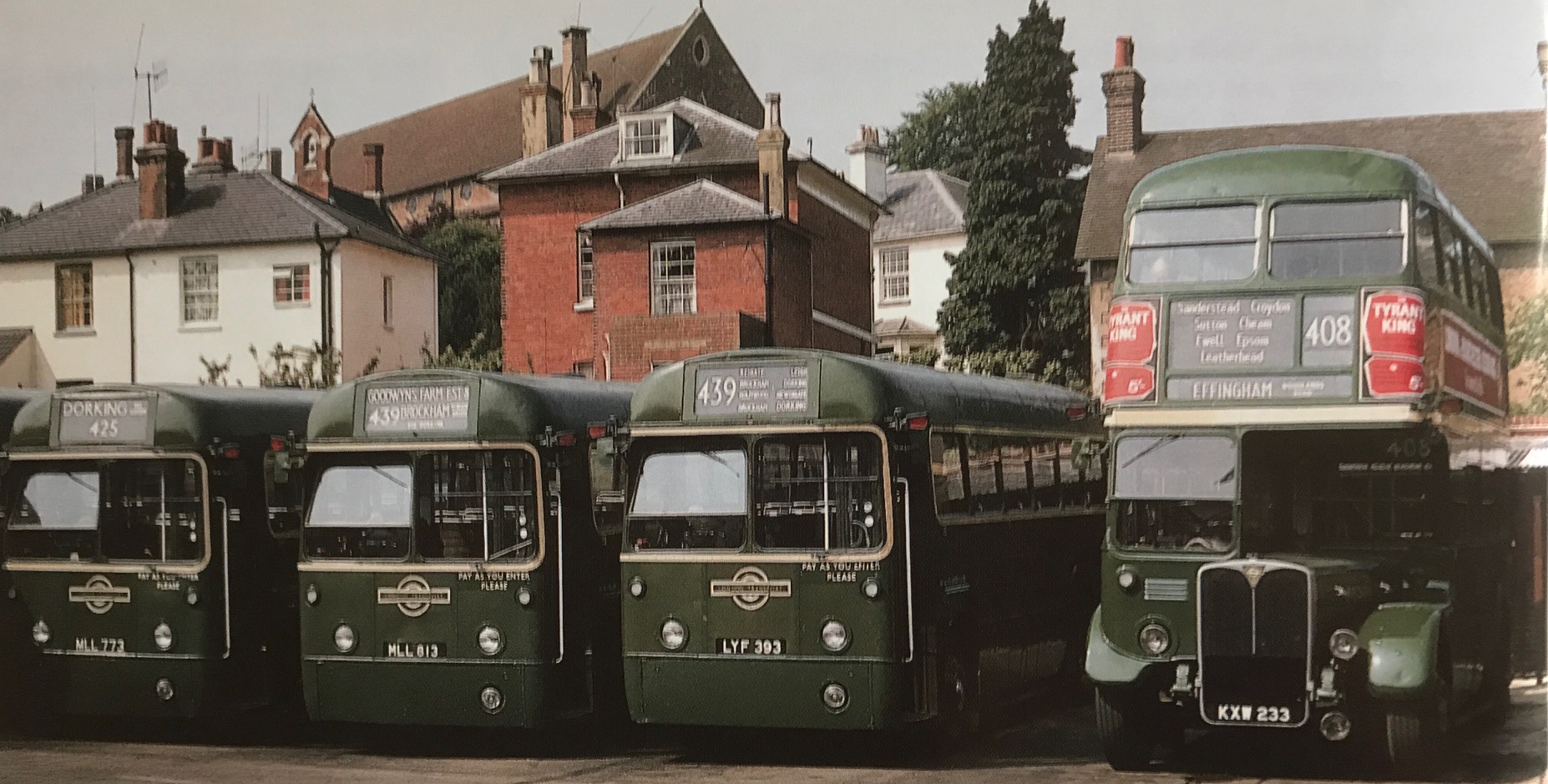The Bench: Dorking Bus Garage 1969. 425 bus on the left.