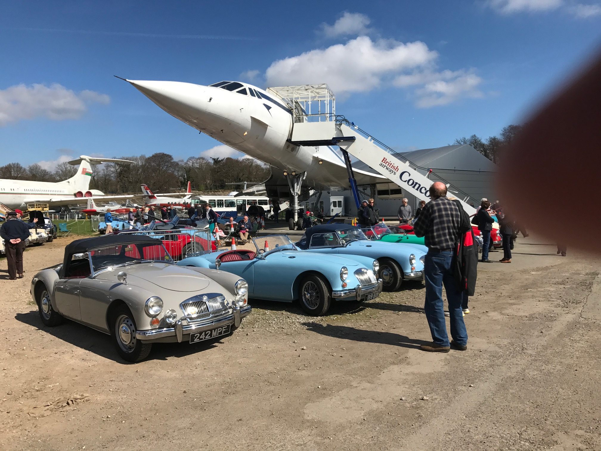 Brooklands: Vintage MGAs with Concorde at the MG Rally (VC10 in the background).