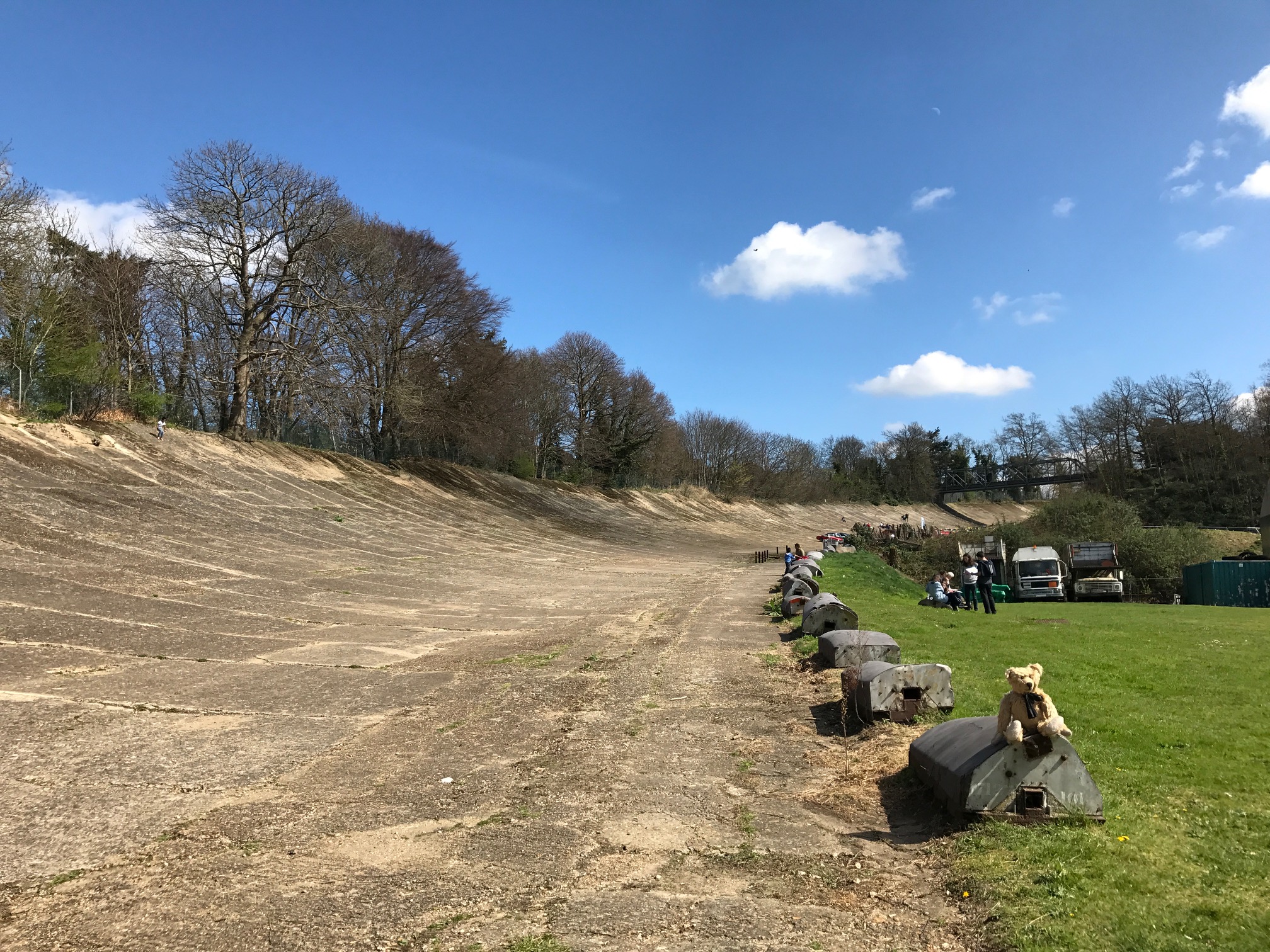 Brooklands: The world famous banking, where world record speeds were broken. Enormous Bentleys thundered round the top and some disappeared forever over the top. Mad days between the wars.