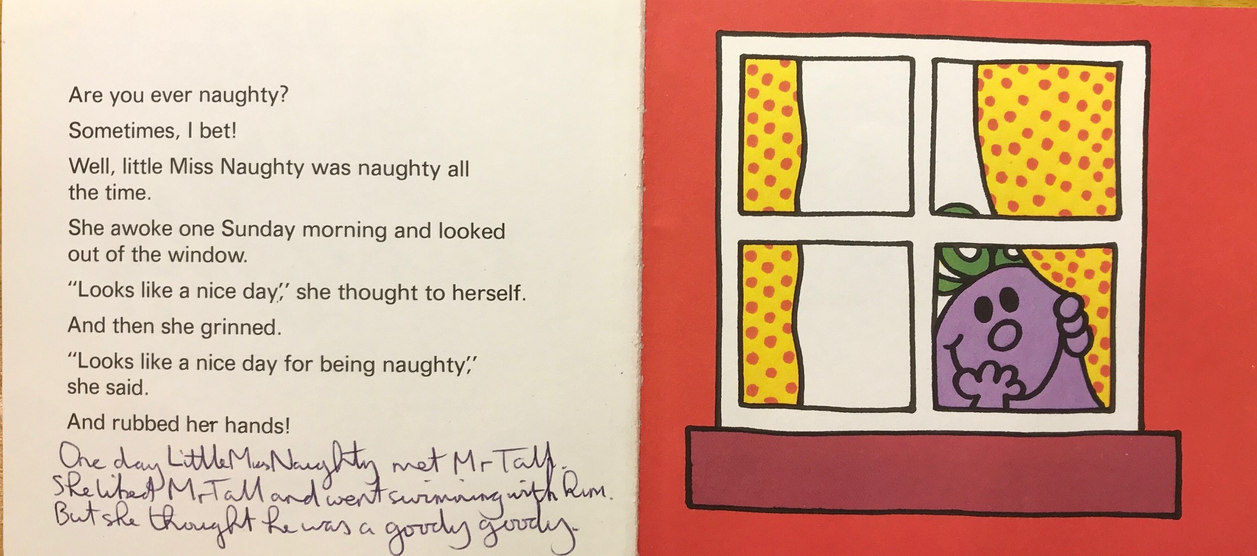 Little White Van: One day Little Miss Naughty met Mr Tall. She liked Mr Tall and went swimming with him. But she thought he was a goody goody!