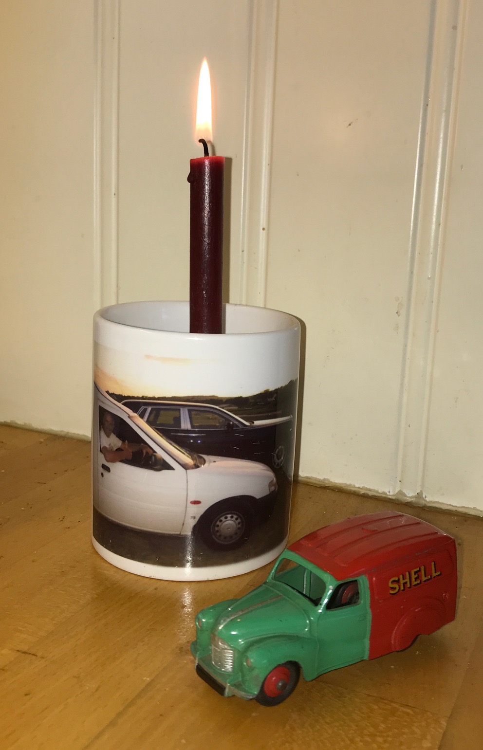 Little White Van: Lighting a Candle to Diddly: Candle in White Van Mug - and Dinky Toy.