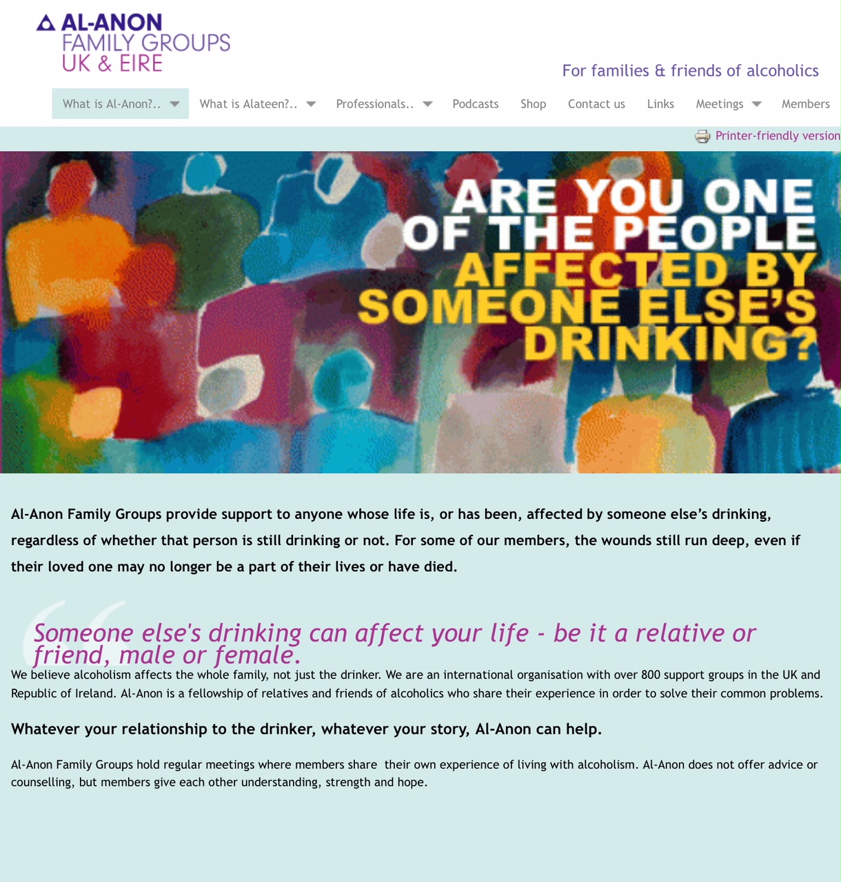 Small Talk Saves Lives: Screenprint of the Al Anon website. Click to view.