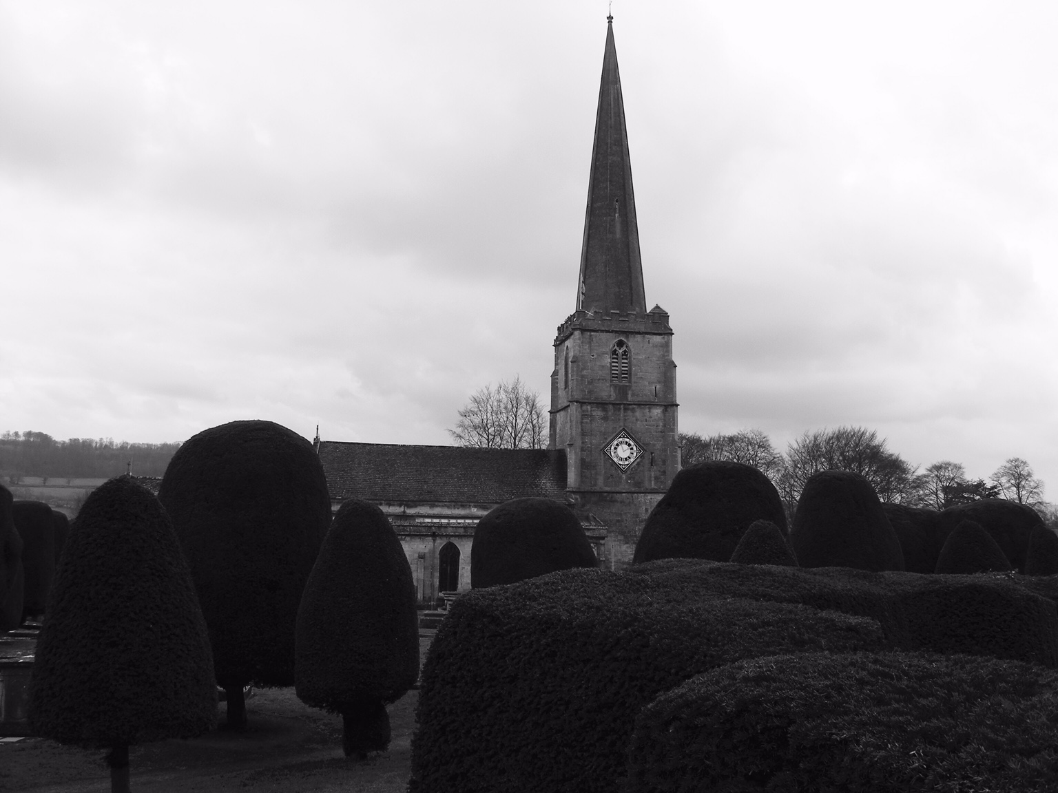 Cotswold Granny: St Mary Painswick. The church of 99 yew trees (all numbered with small plaques).
