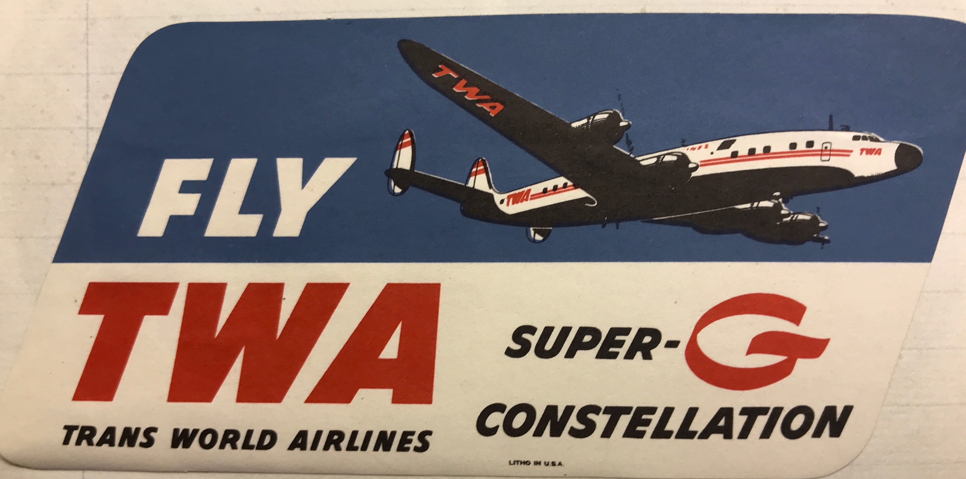 Trevor's Stickies: Trans World Airways. TWA. Bobby's favourite, for its simply beautiful Super Constellations. And the wonderful sound of four Wright radial engines as they floated down to land at Heathrow. Another long story. But bankrupt. Ceased operations in 2001.
