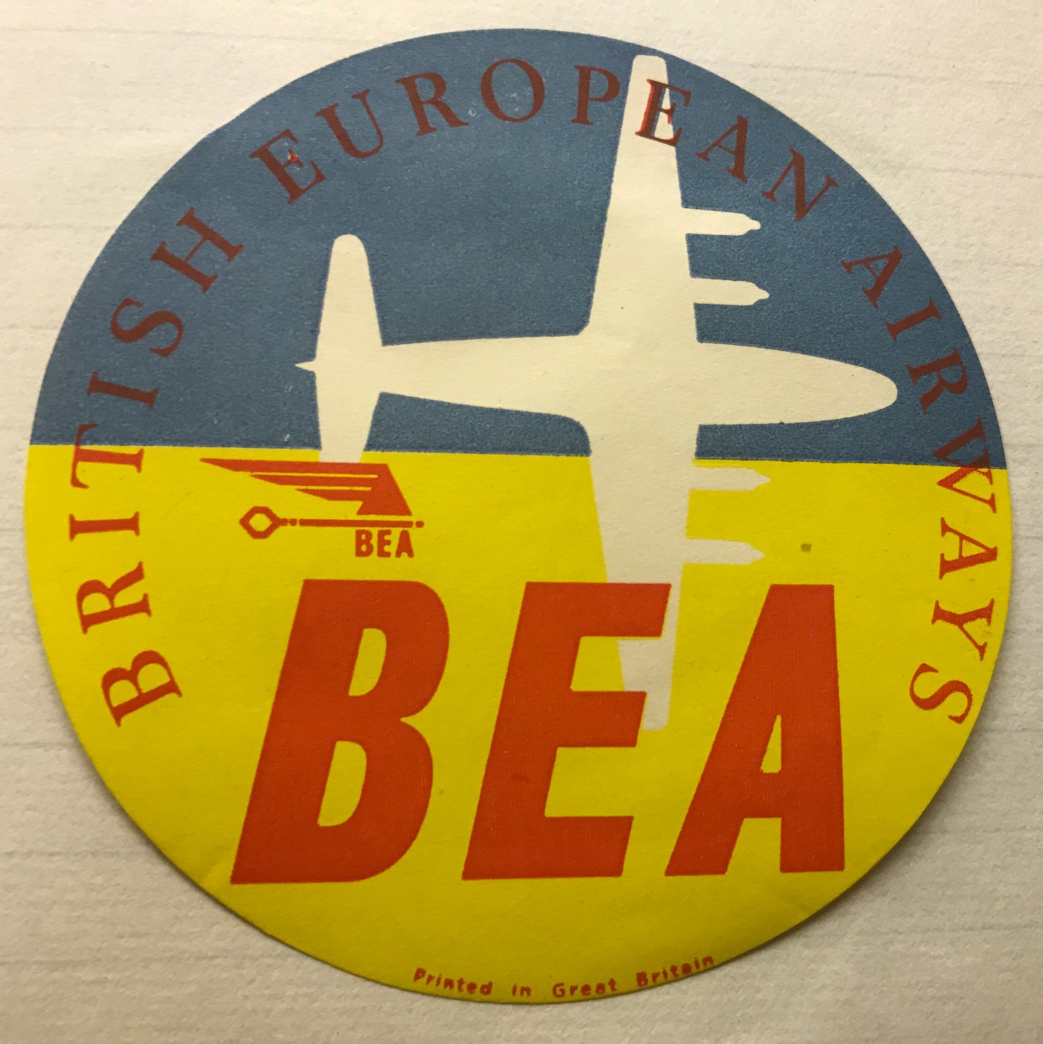 Trevor's Stickies: British European Airways. BEA. Had a much younger image. Bobby nearly worked for them. Passing examinations, right up to the last interview. Air traffic control doesn't sound good for a GAD sufferer! The airliner outline is the Vickers Viscount, which should get its own story. Merged with BOAC to form British Airways in 1974.