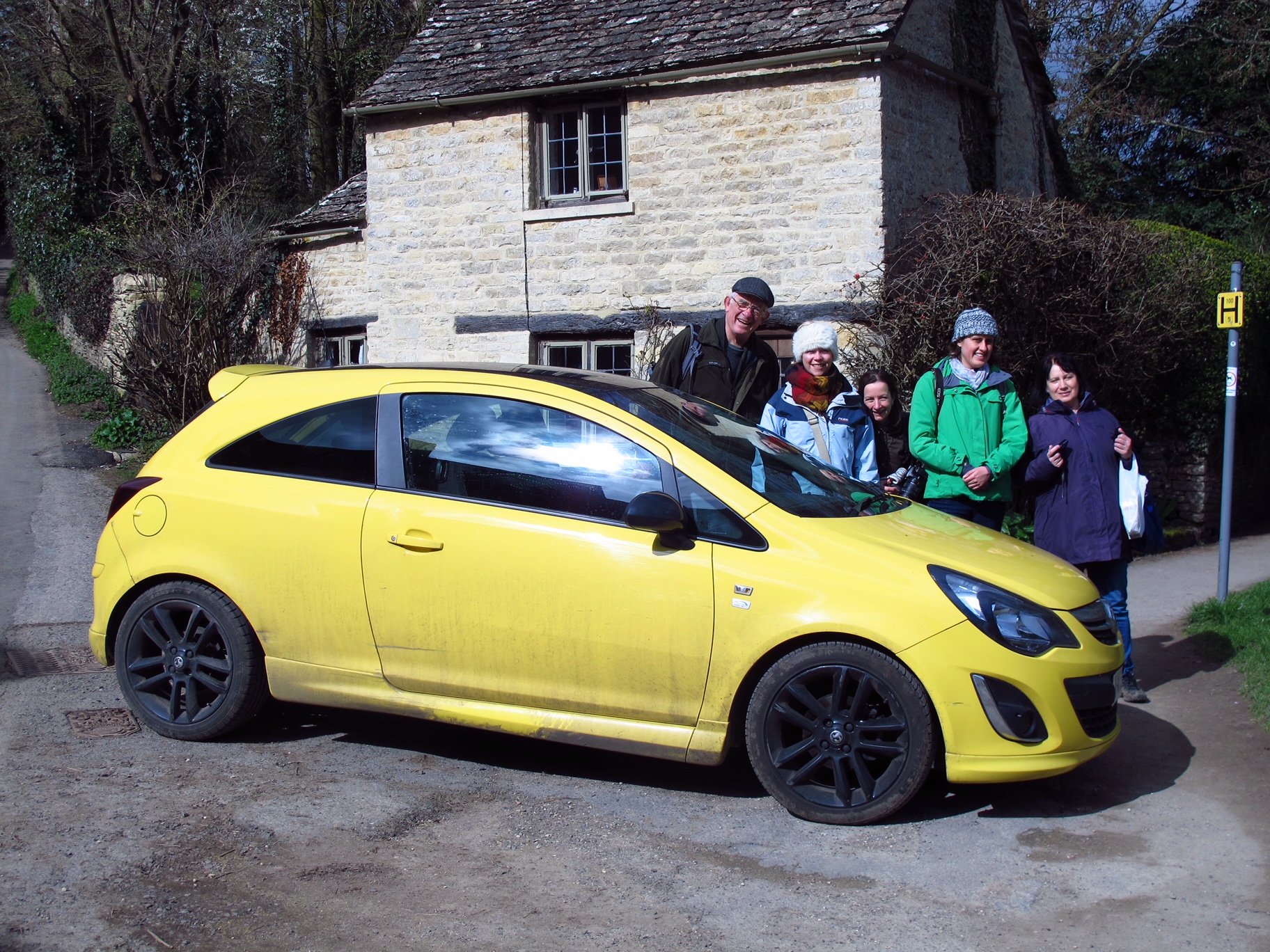 Cotswolds: Bobby with friends and the yellow car.