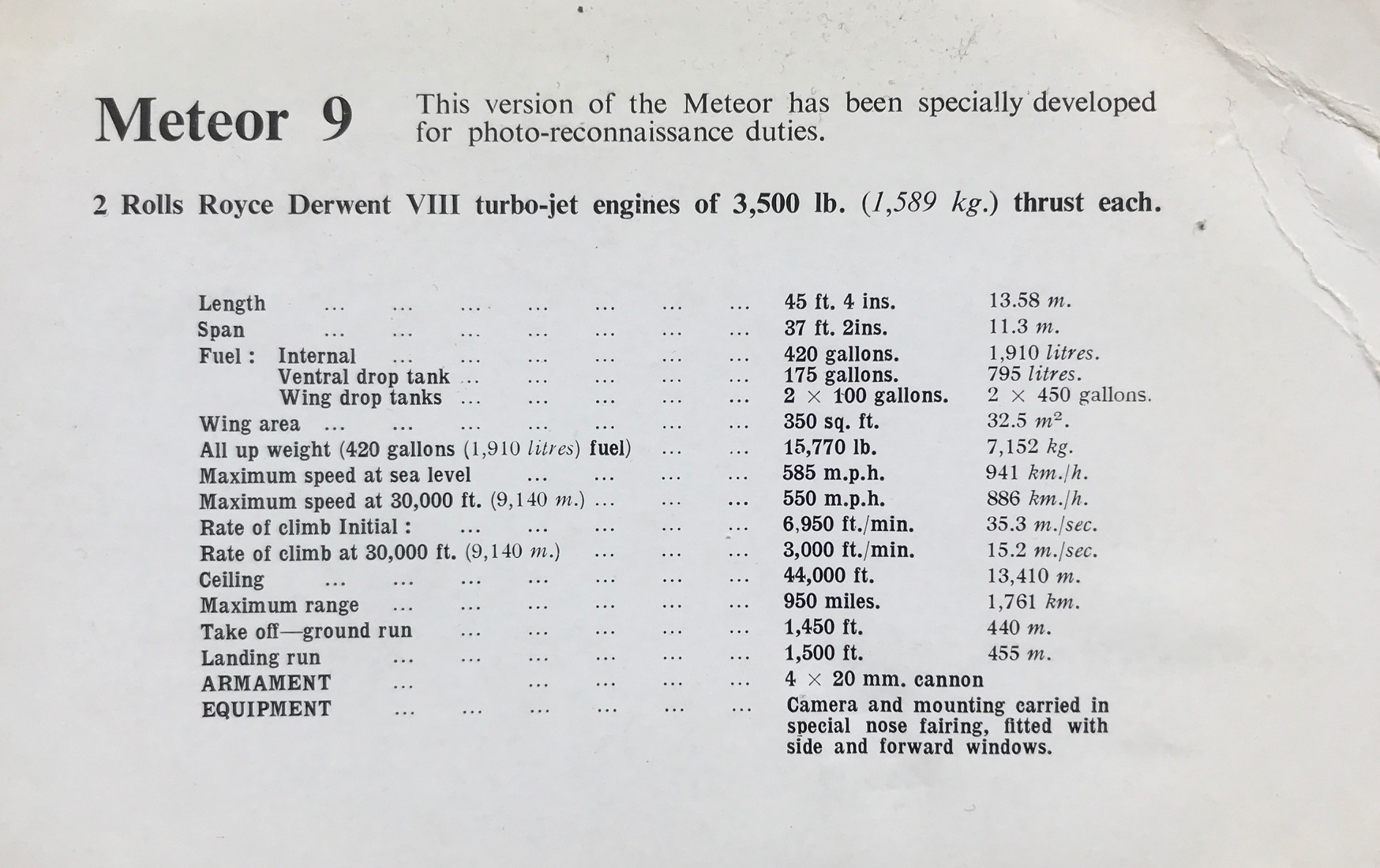 Cotsolds: Postcard from 1958, showing technical data on reverse.