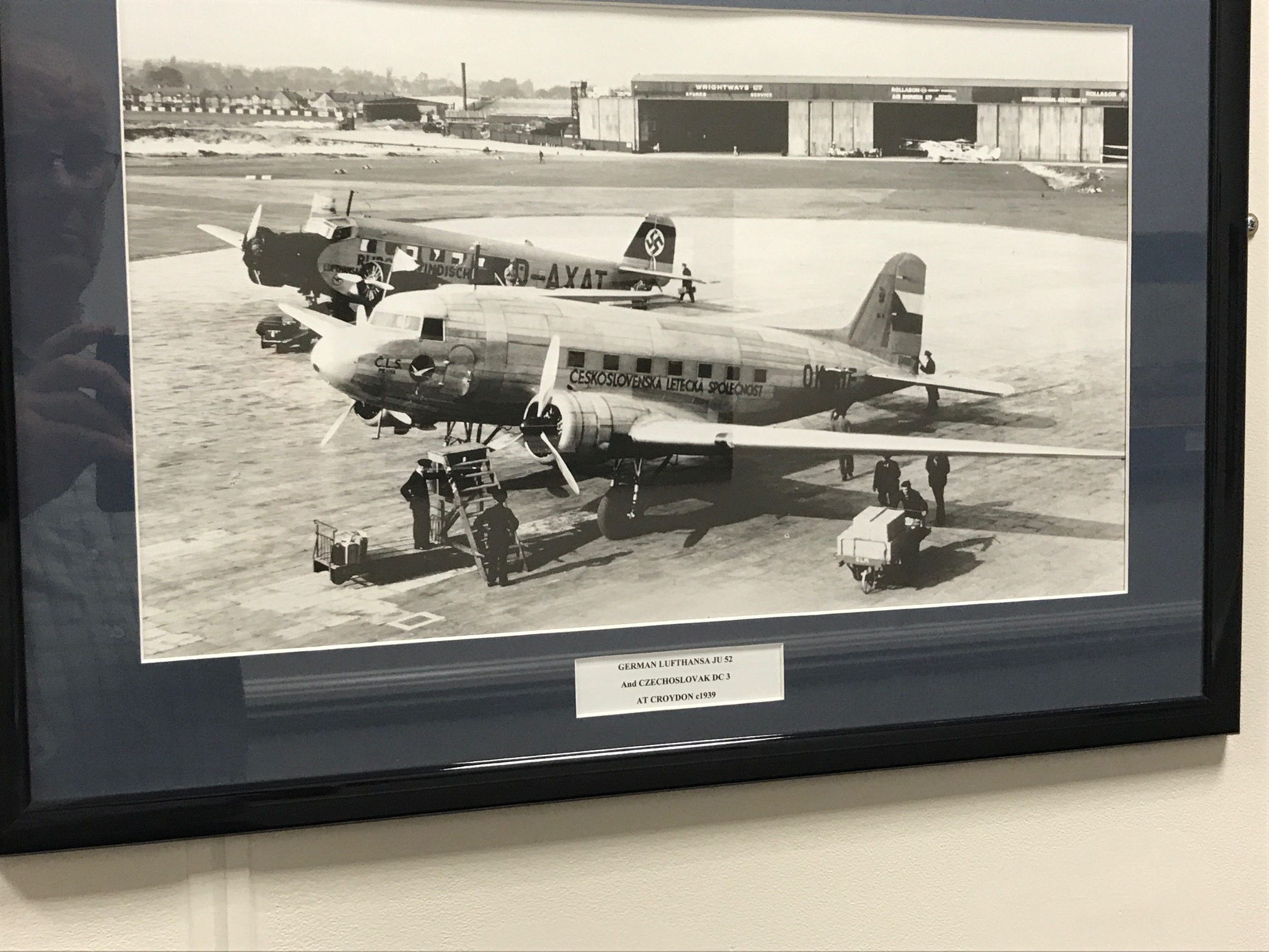 Croydon Airport: Pre war Croydon. Lufthansa looking ominous. Czechoslovak DC3.