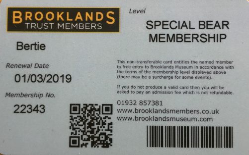 Special One: The very first Special Bear Membership ever allowed at Brooklands Museum.