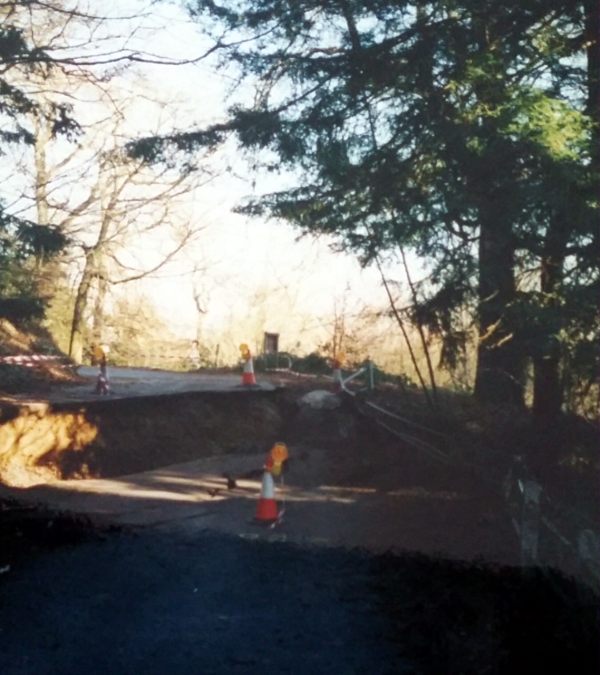 Frank's Walk: At one end of the slip, the road dropped over four feet as seen above. Note the railings in the shadows bottom right.