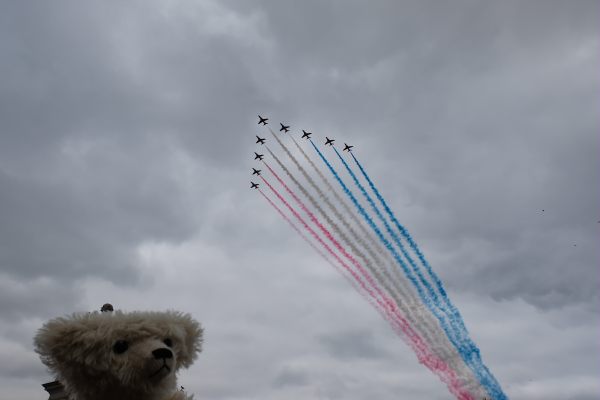 Nuffin: Trevor and the Red Arrows above Buckingham Palace (A pillar of which is sticking out of his bonce!)