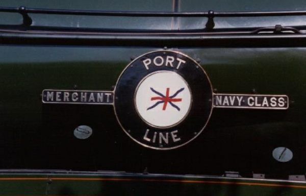 The Footbridge: Close up of Port Line's nameplate. All this class of locomotive were named after Merchant Navy ships. A similar but lighter-weight version was known as the "Battle of Britain" Class.