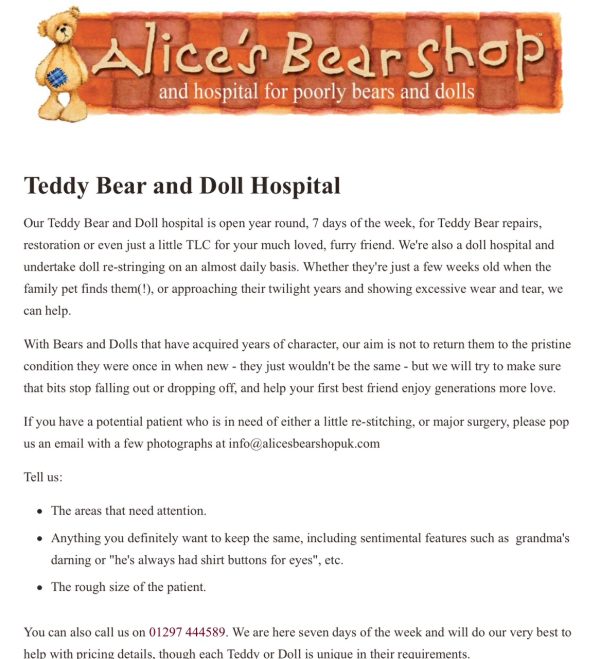 Uncle Dick: Alice's Bear Shop and hospital for poorly bears and dolls.