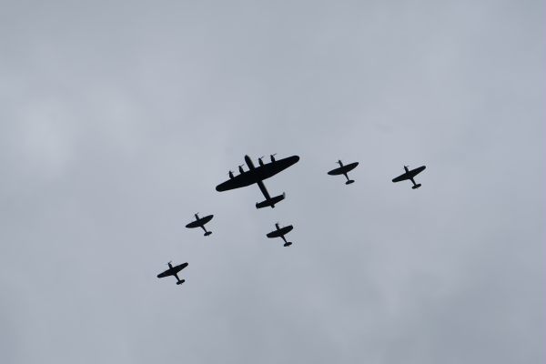RAF 100: RAF Memorial Flight. Lancaster, three Spitfires, two Hurricanes.