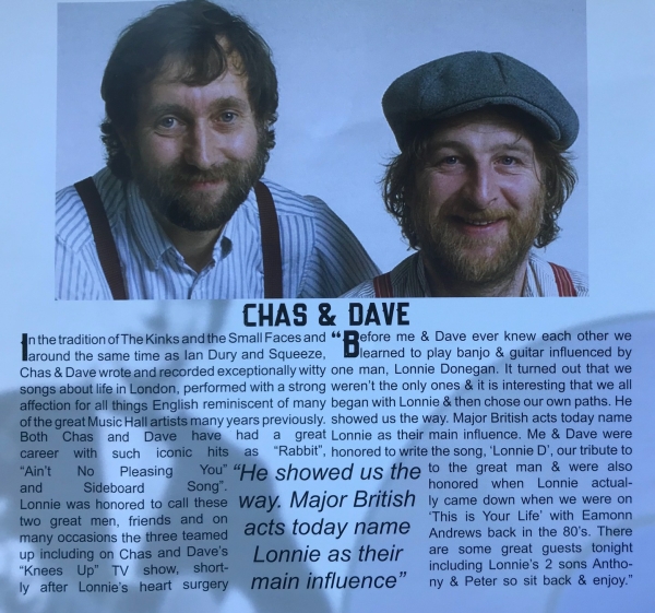 Lonnie Donegan: The Union Chapel programme entry for Chas and Dave.