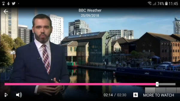 Lonnie Donegan: Ben Rich presenting the weather with our photograph of Gas Street Basin behind!
