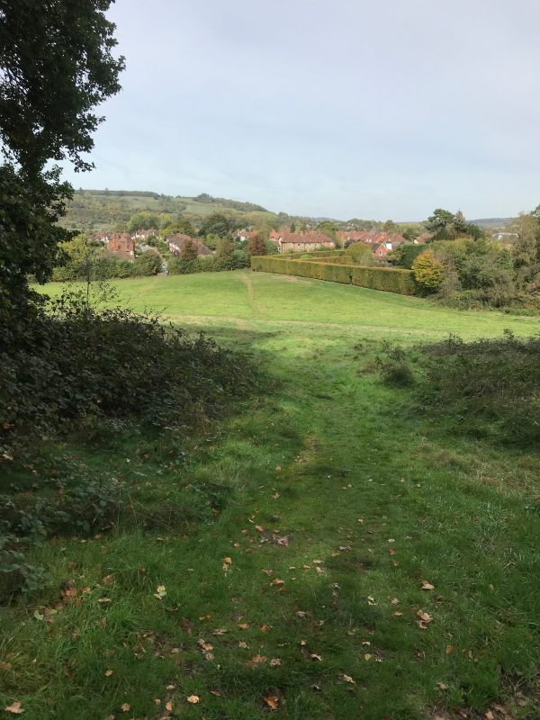 Over the Hills and Far Away: Heading into Dorking. The North Downs of Ranmore Common in the background. Known also as Denbies Hillside, where Bobby volunteers for the National Trust.