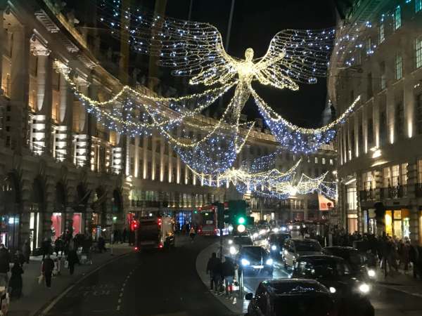 Christmas: Regent Street from the top of a No 139 red double decker London bus.