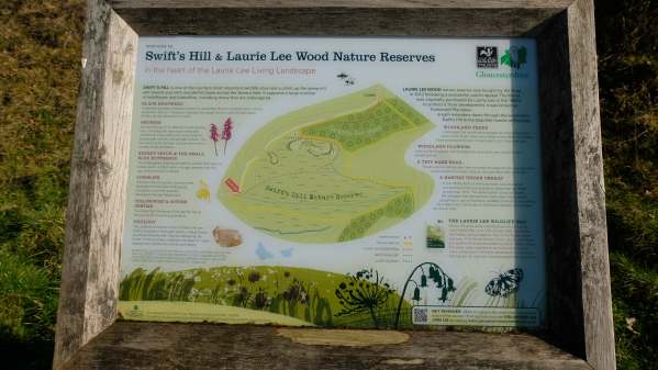 Cotswold Reverie: Swift's Hill and Laurie Lee Wood Nature Reserves interpretation board.