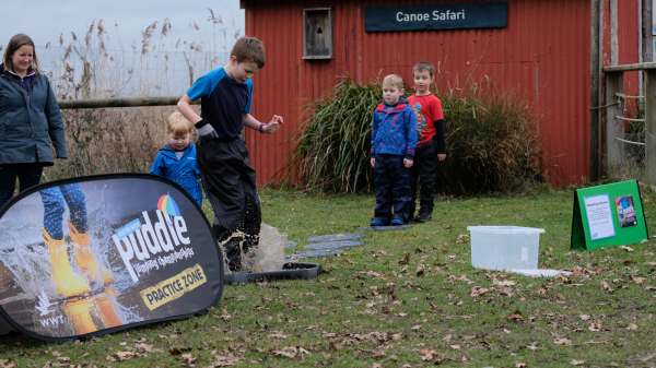 Cotswold Reverie: Puddle jumping championships for children at half term. Many came suitable dressed in waterproof suits for the challenge.