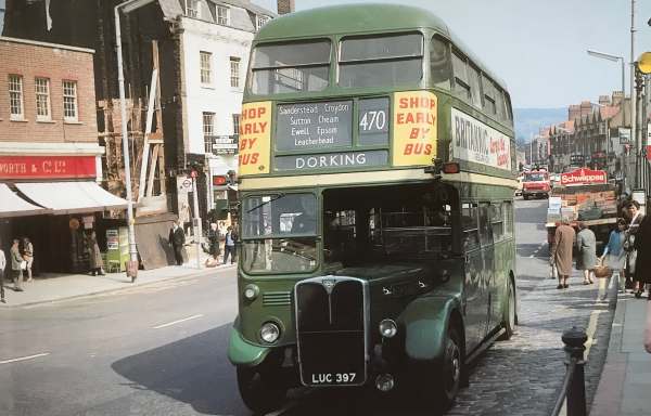 RT4048 LUC 397: London Country 470 in Dorking High Street 1969. Living in Carshalton. A ten bob Green Rover ticket and a ride to Dorking to walk in the hills. And eventually live there.