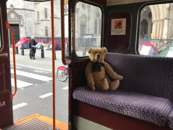 Routemaster: Funny place to camp. (Protest, Law Courts).