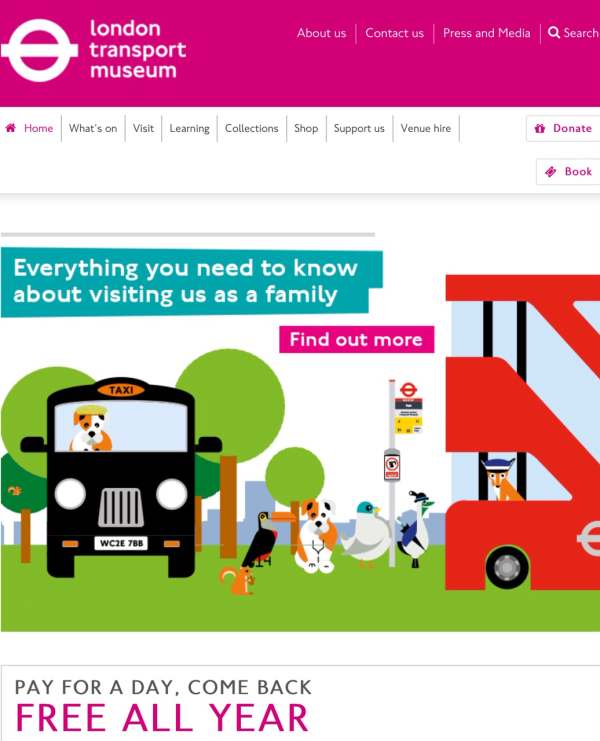 Homepage of the London Transport Museum website.