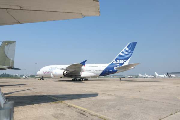 April in Paris: Airbus 380 prototype. The biggest airliner in the world but now "too big" compared with twin engined airliners like the Dreamliner. Production is ending.