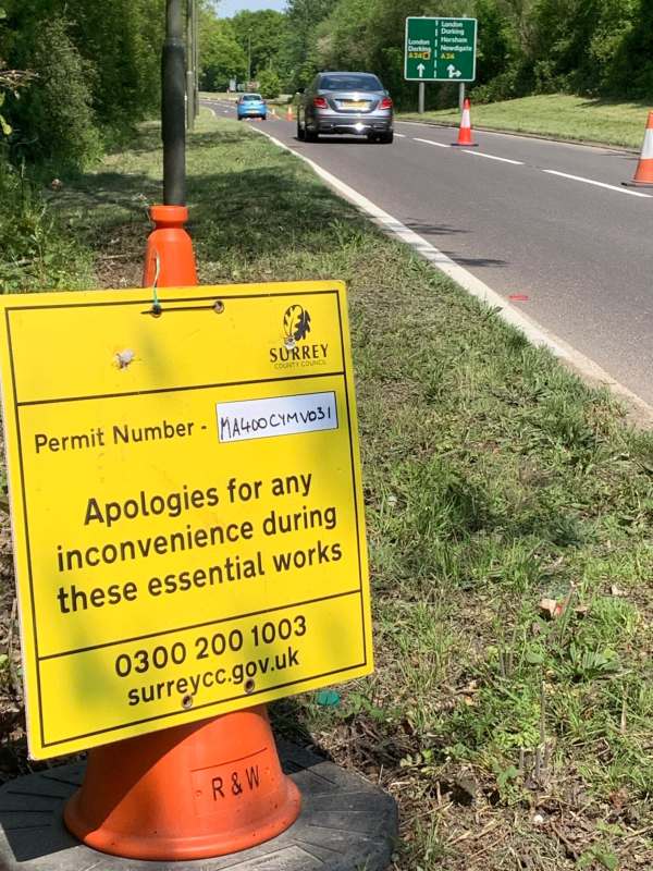 Surrey County Council sign apologising for any inconvenience during these apparently "essential" works!