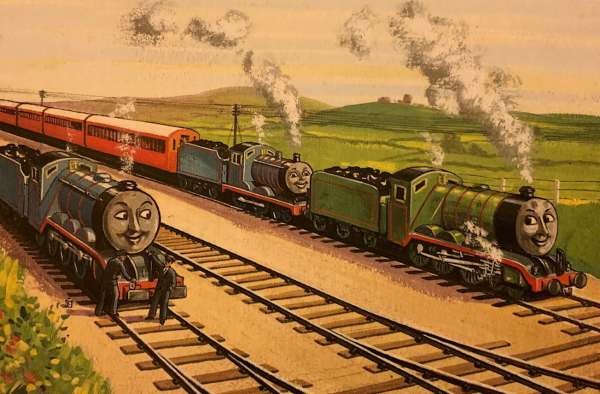 Edward and Henry double-heading Gordon's "Very Important Train", with Gordon alongside.