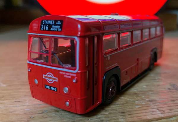 Purists will note that this model RF from the London Transport Museum has passenger doors. They didn’t on the 213 in 1954. Drafty!