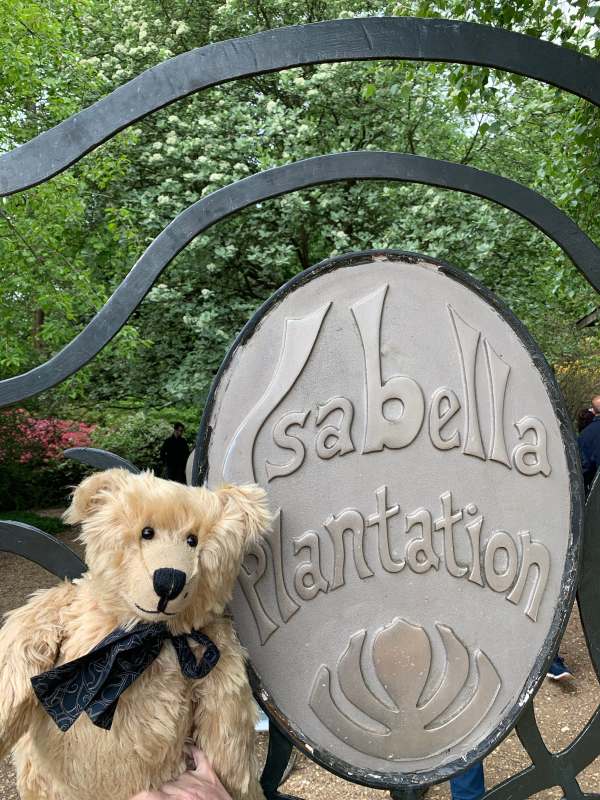 Bertie sat on a seat in the Isabella Plantation. The seat bears the name in a crest format.