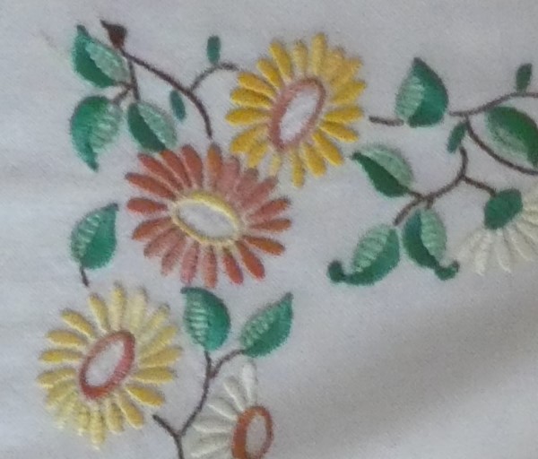 Embroidered flowers in a square pattern - detail of one of the corners.