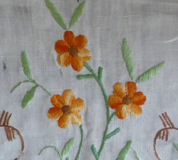 Close up of embroidered flowers.
