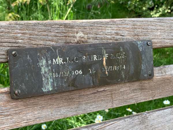 Memorial Bench to Mr R C Baird FRCS 16/12/1906 to 31/3/1974. (FRCS - Fellow of the Royal College of Surgeons).