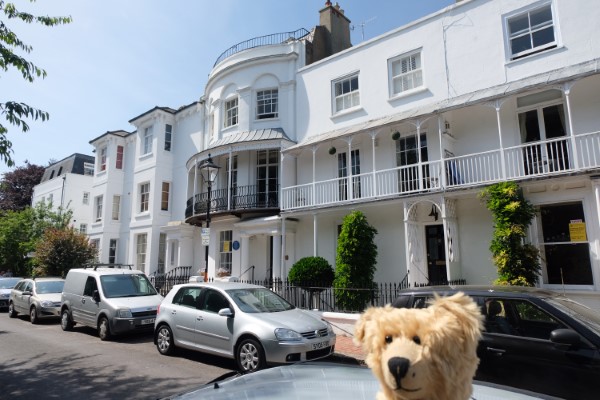 Bertie in front of the houses in Ambrose Place.