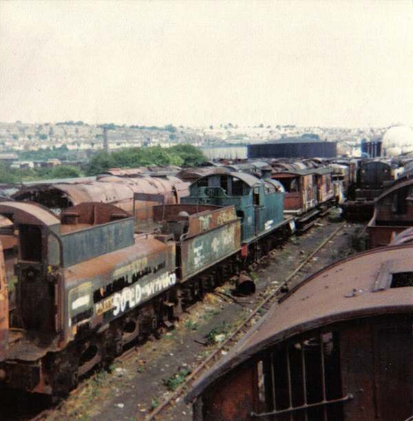 Line up of locomotives in Woodham's scrapyard.