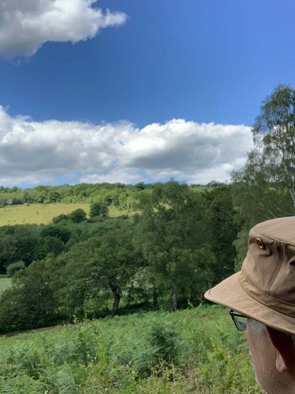 Shot looking over Bobby's shoulder showing mainly his hat and his glasses as he enjoys the view over Abinger Roughs.