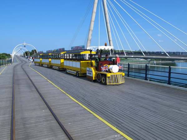 Noddy train on Southport Pier, with the rails for the normal train alongside.