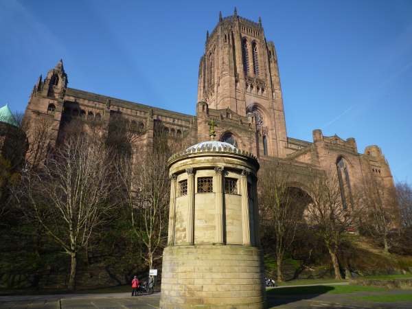 The monument to William Huskisson MP, in front of Liverpool's Anglican Cathedral. The first man killed by a steam train. In an accident at the opening by "Rocket" of the Liverpool and Manchester Railway.