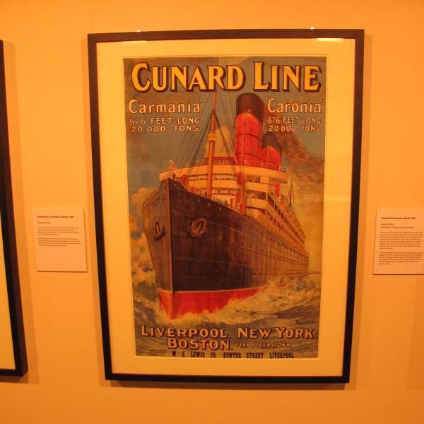 Cunard Line Poster advertising "Carmania" and "Caronia", both 676' long and displacing 20,000 tons. Sailing Liverpool to New York and Boston.